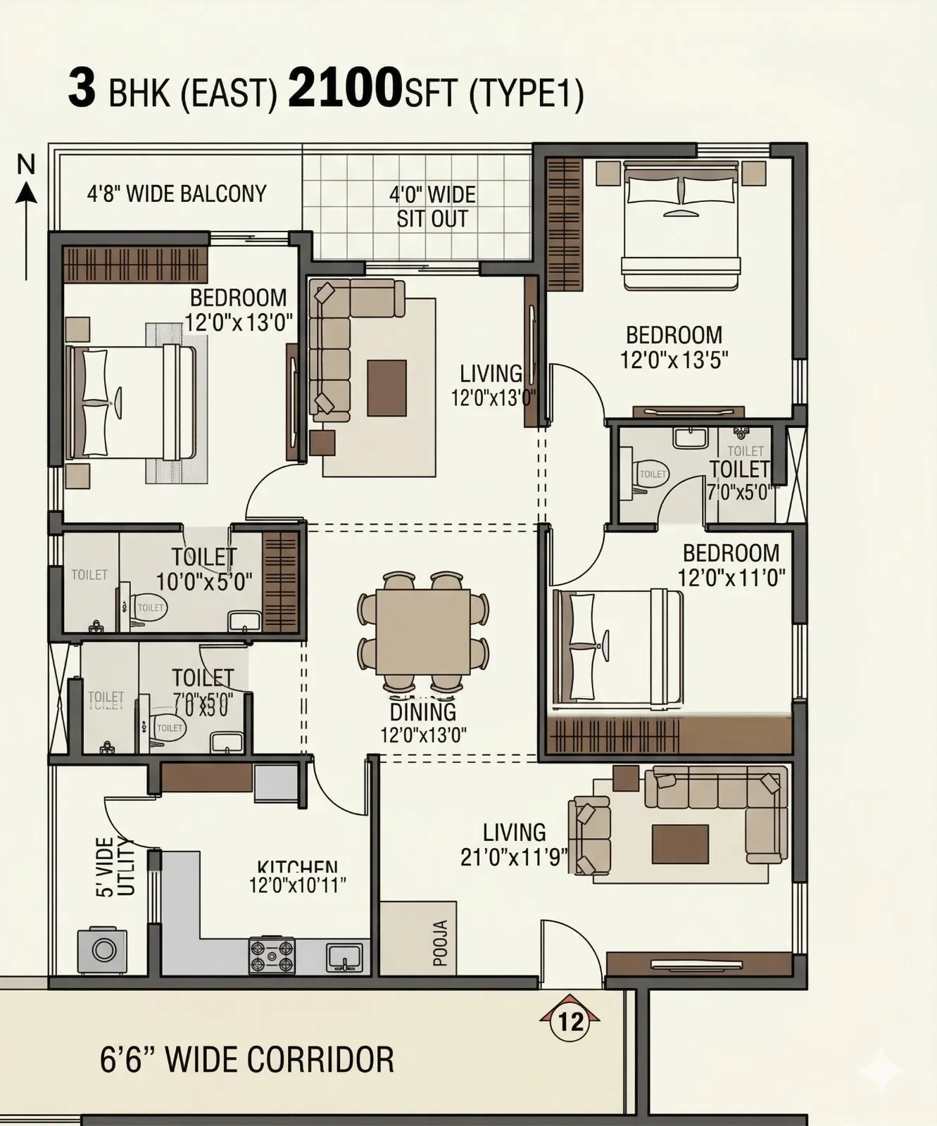 Floor plan of a three-bedroom flat as received, with room labels and dimensions.