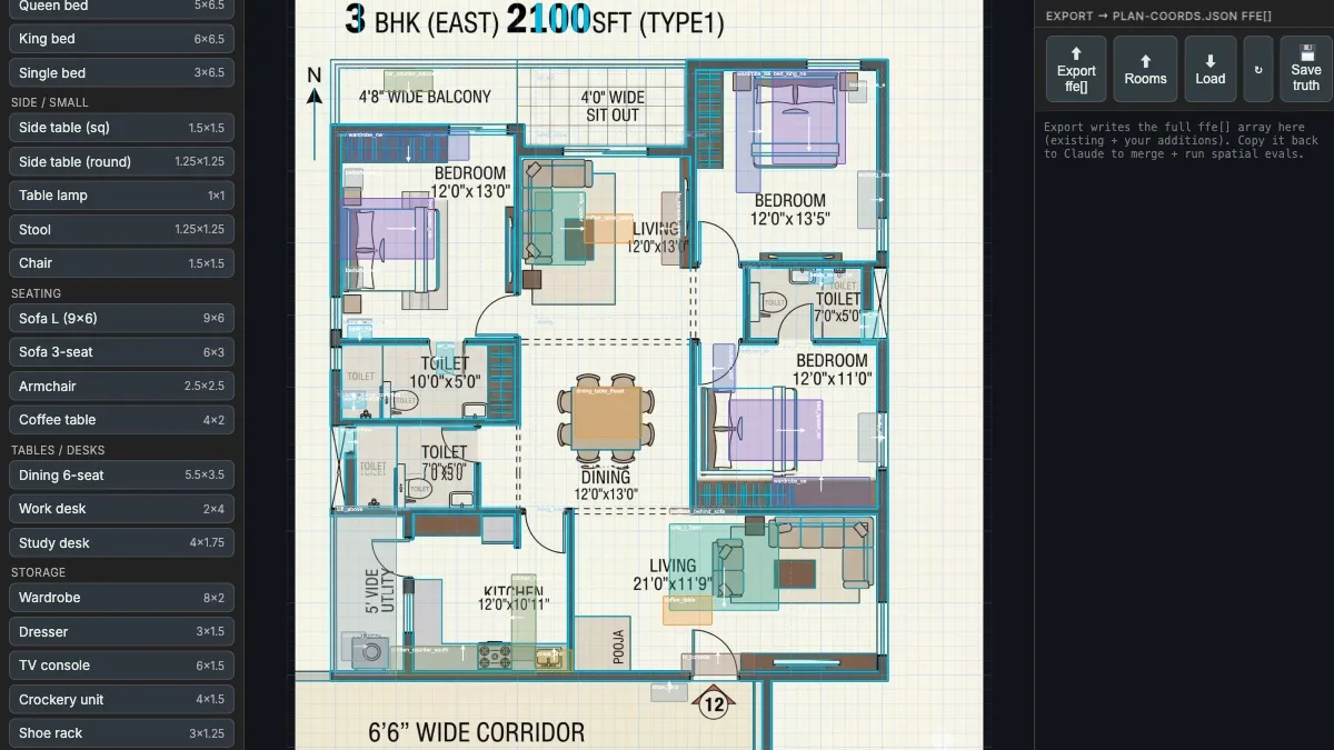 The 2D correction canvas with fixtures and doors outlined over the plan.