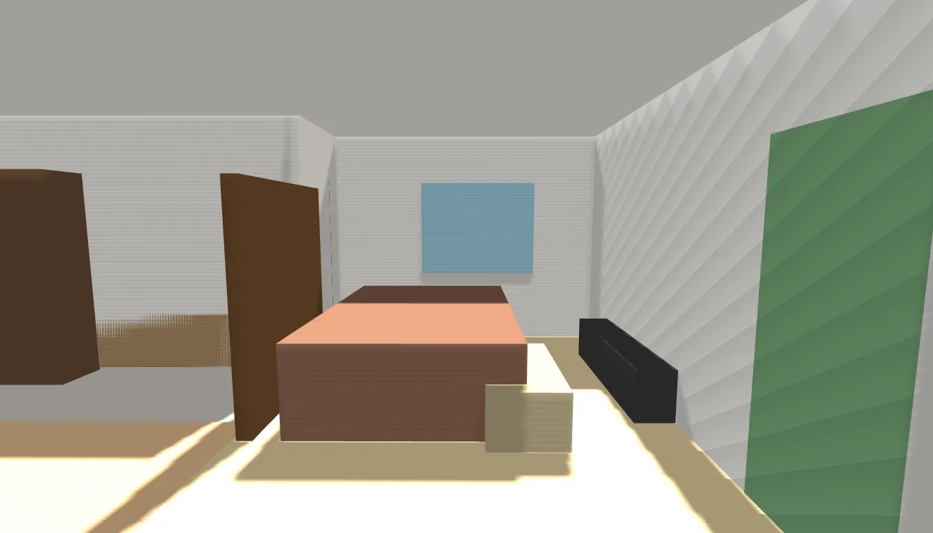 A white 3D massing model of the flat built from the corrected plan.