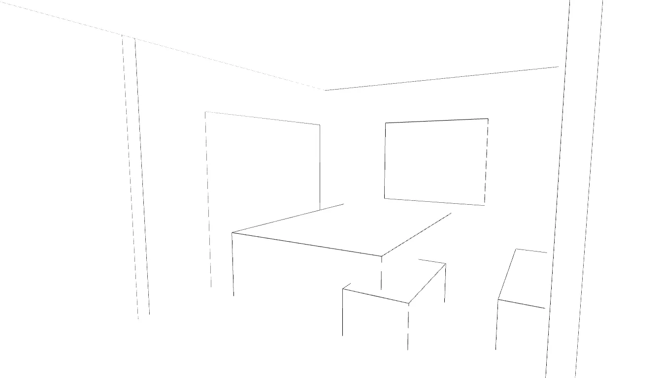 A line drawing of the living room in two-point perspective.