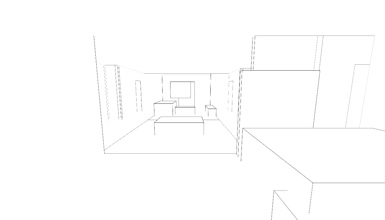 The shaded whitebox view of the living room used as the render control.