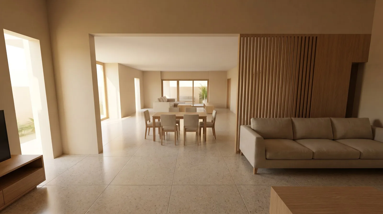 A rendered living room generated by an image model from the verified whitebox.