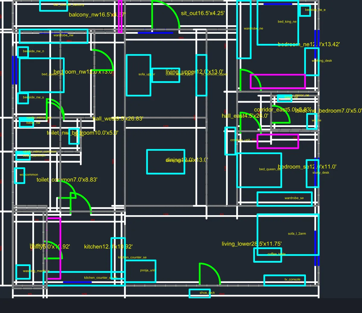 The DXF export of the flat opened in a CAD viewer.