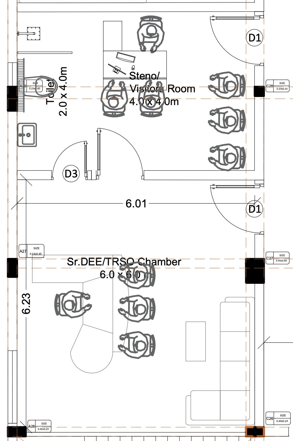 Floor plan of an office chamber with an adjoining room and a toilet, with dimensions.
