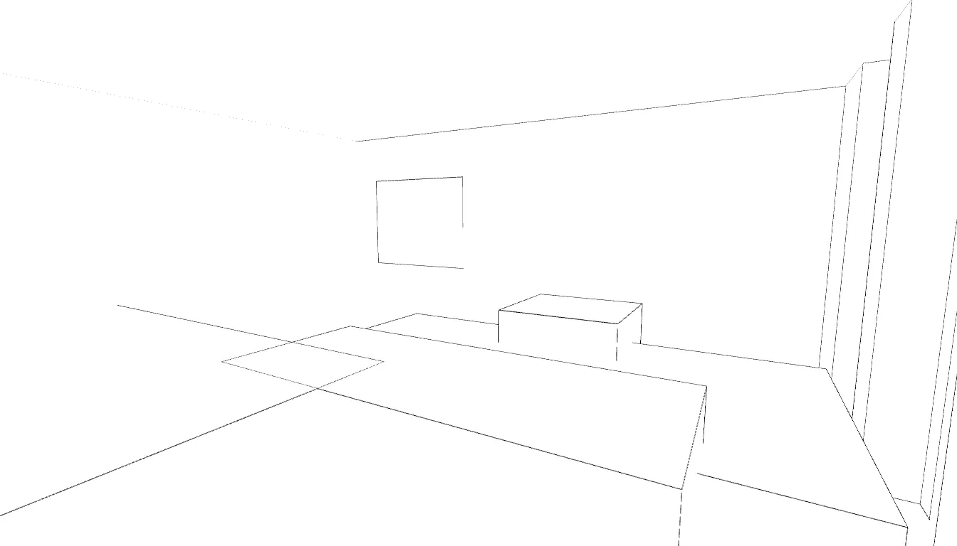 A line drawing of the office chamber in two-point perspective.