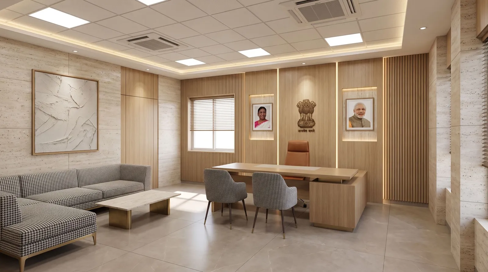 The office chamber rendered by an image model from the verified whitebox: a desk, a sofa and a panelled wall with framed portraits and an emblem.
