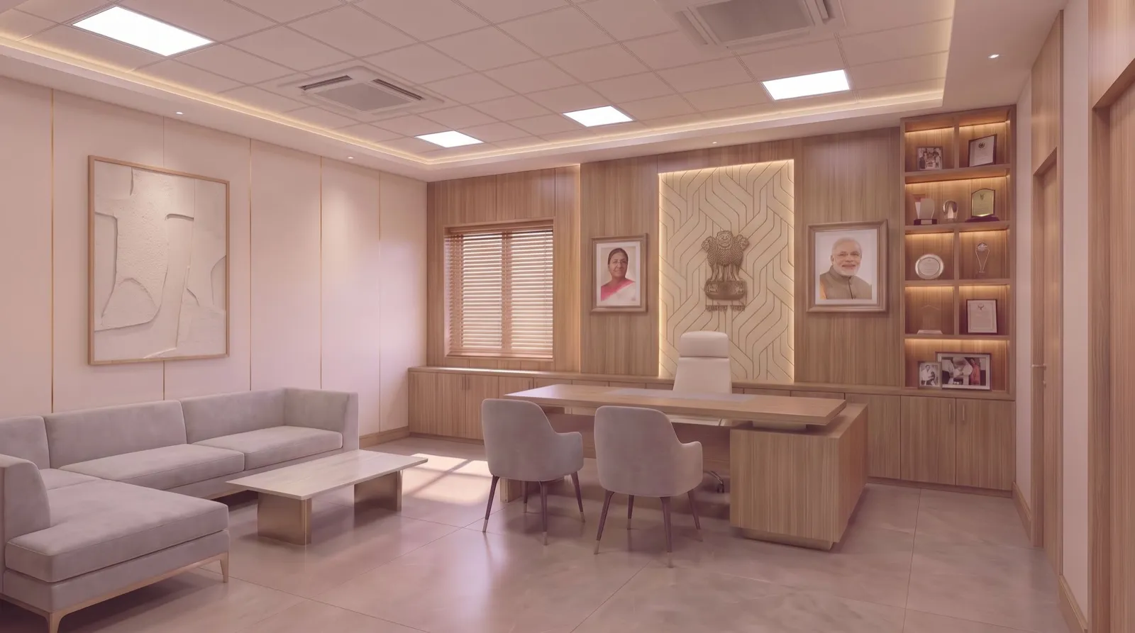 The same office chamber after refinement with reference images: the accepted render.